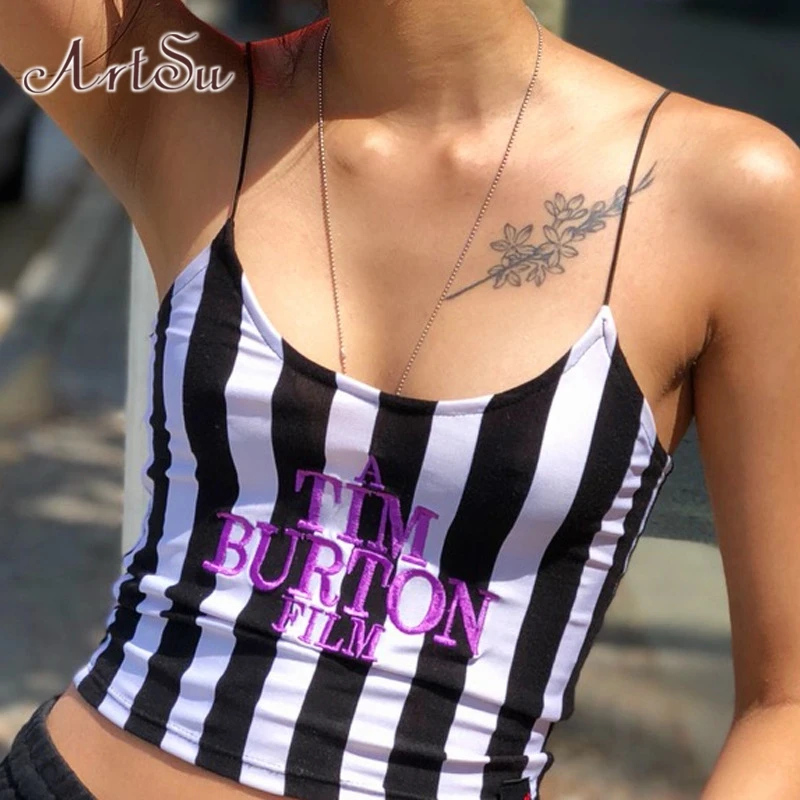 Арцу вышивка в полоску бело черный укороченный топ пикантные Для женщин с