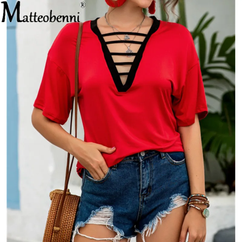 

2021 Fashion Hollow Out V-Neck Women Short Sleeve T-Shirts Summer Women New Casual Loose Top 5XL Large Size Streetwear T-Shirt