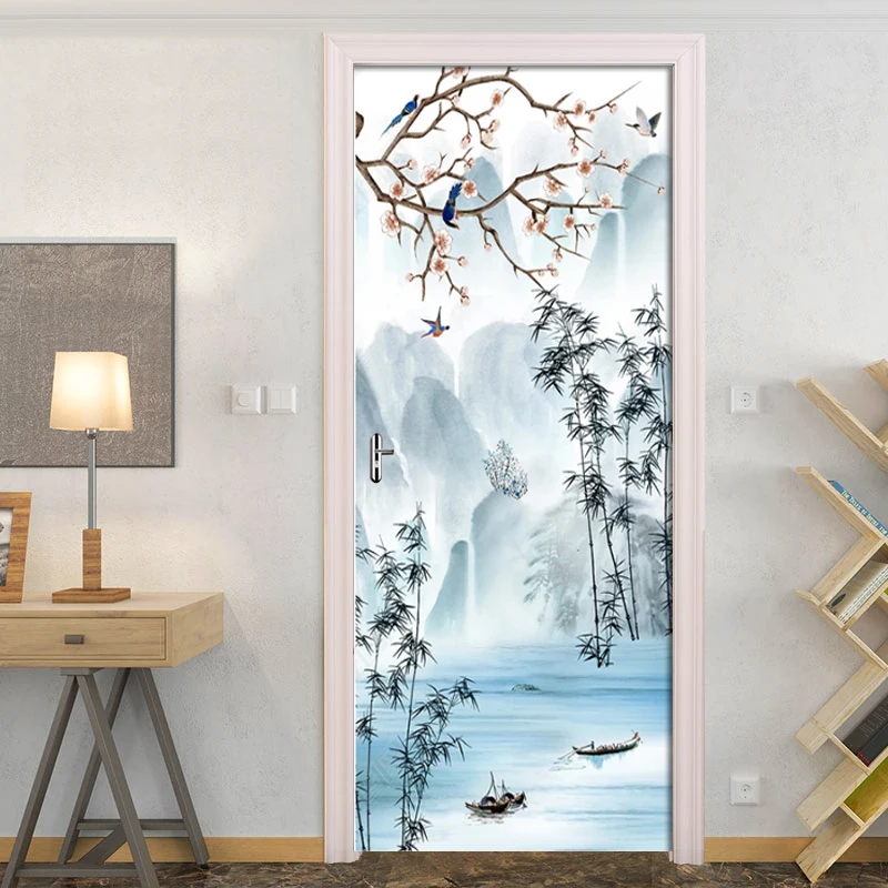 

Wall Decals Door Mural 3D Chinese Ink and Flower Bird Door Sticker Diy Self-Adhesive Waterproof Wallpaper Poster for Home Decor