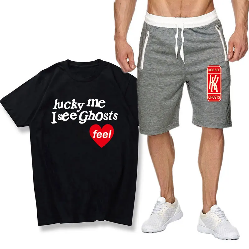 Lucky me isee ghosts feel T-shirt sports suit Streetwear off white casual running suit summer short sleeve shorts 2-piece set