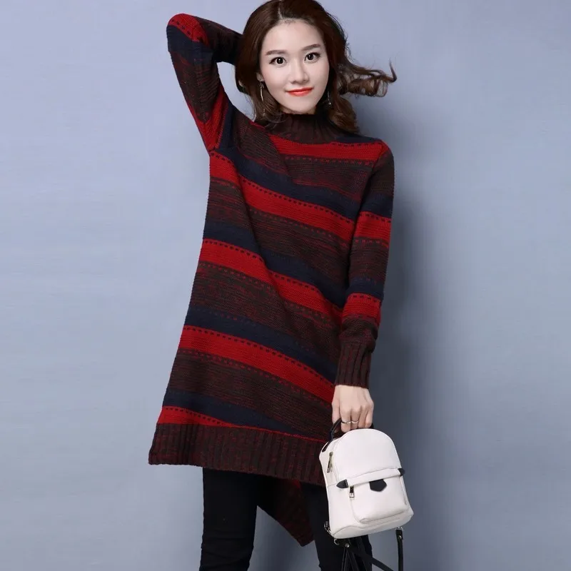Красный зеленый желтый свитер в полоску Элегантная водолазка Длинные пуловеры