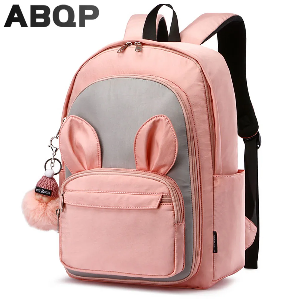 

ABQP 15.6" Laptop School Backpack For Girls Cute Rabbit Nylon School Girl Backpack Large Capacity Travel Working Women Backpack