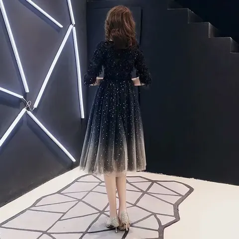 Robe De Soiree Evening Dresse Black O-Neck Half Sleeves Party Gowns вечернее платье Women's Dress Tulle
