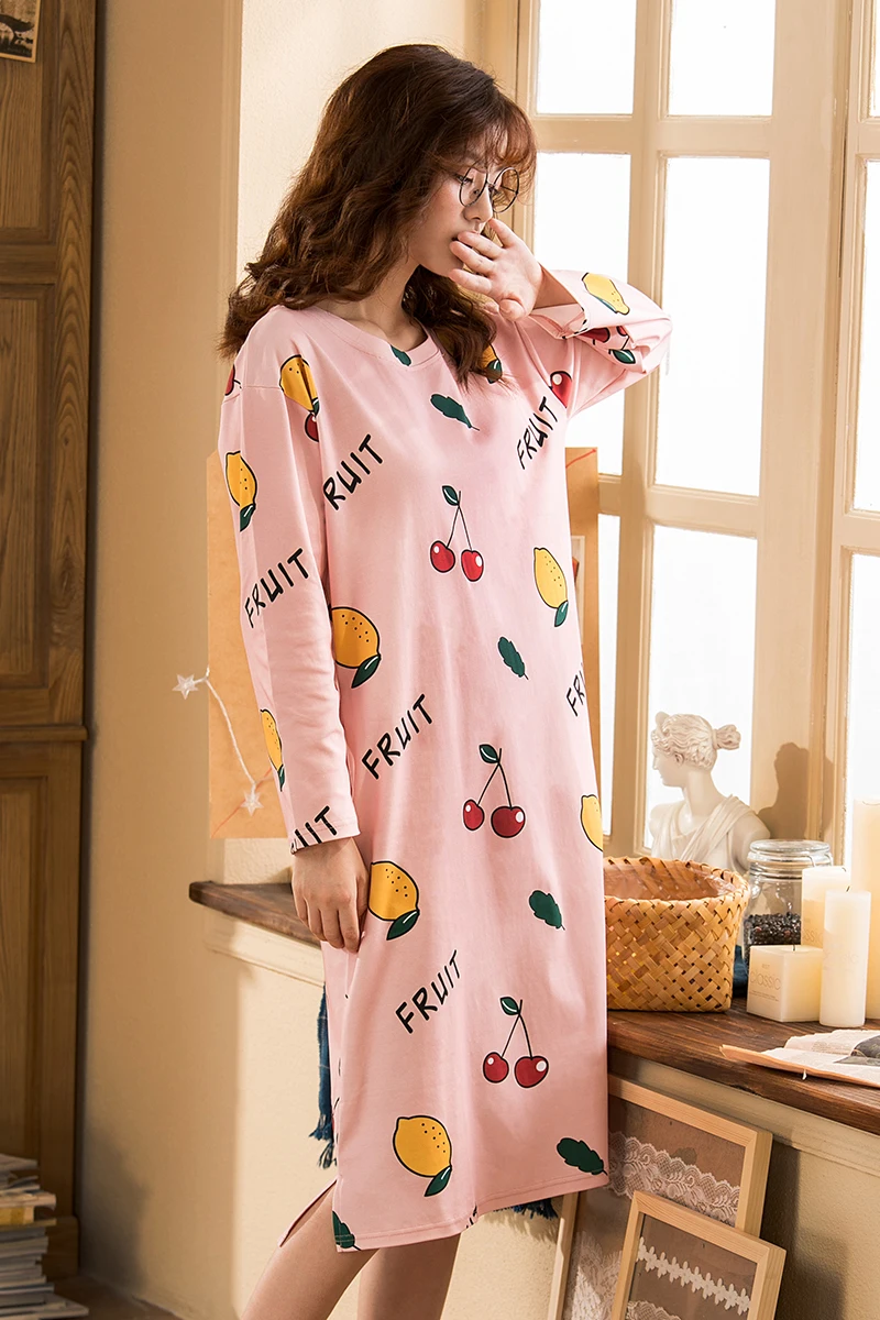 

Autumn Long Sleeve Round Neck Women Nightgowns Cartoon Cherry Print Pocket Winter Nightdress Large Size Cotton Sleepwear 6214