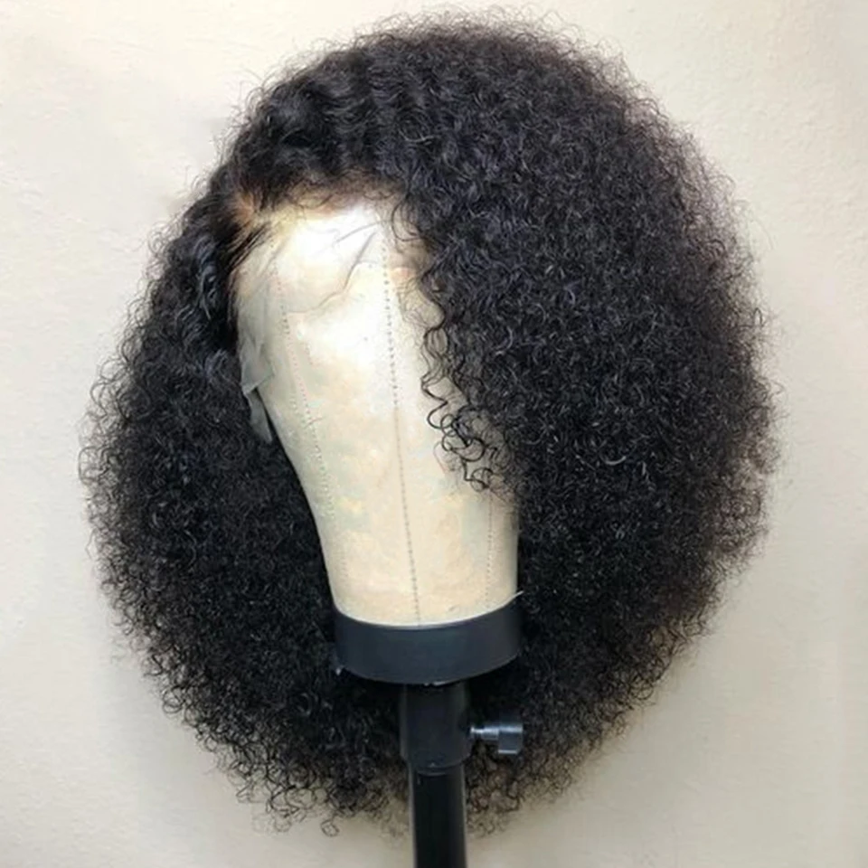 200% Короткие вьющиеся афро кудрявые парики из человеческих волос с кружевом
