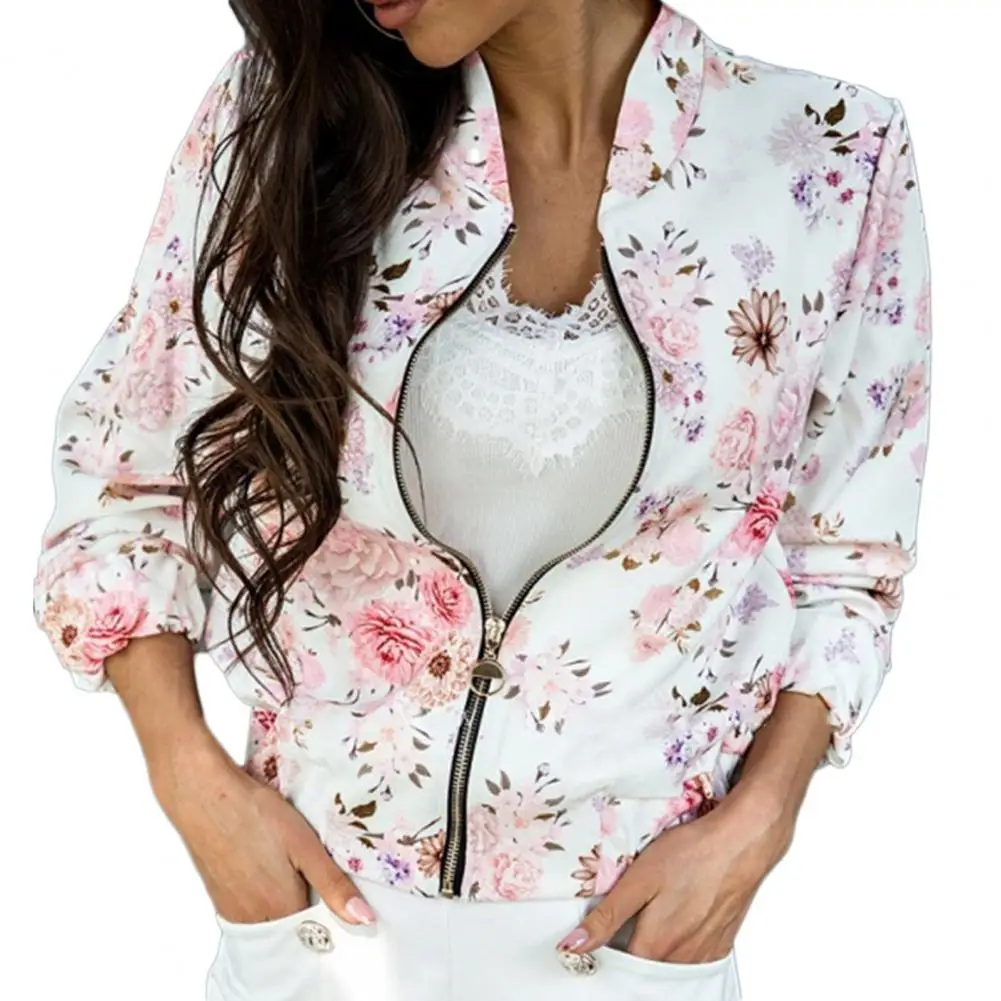 Женская куртка на молнии с воротником-стойкой и цветочным принтом | одежда