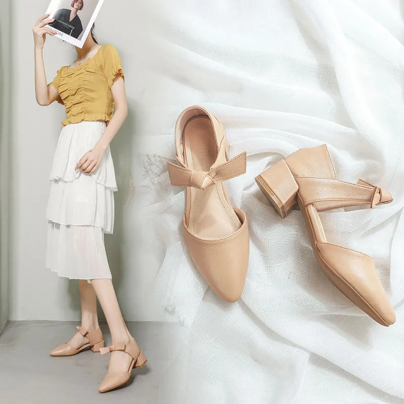 

2021 Pointed Toe Women Pumps New Womans Office High Heels Butterfly-knot Med Heels Sweet Womens Casual Heels Girl Student Shoes