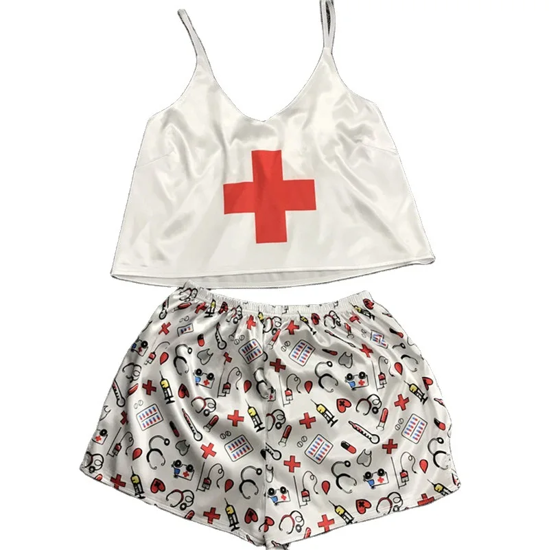 

Sexy t-shirt sling vest shorts pajamas two-piece suit female simulation ice silk V collar home suit