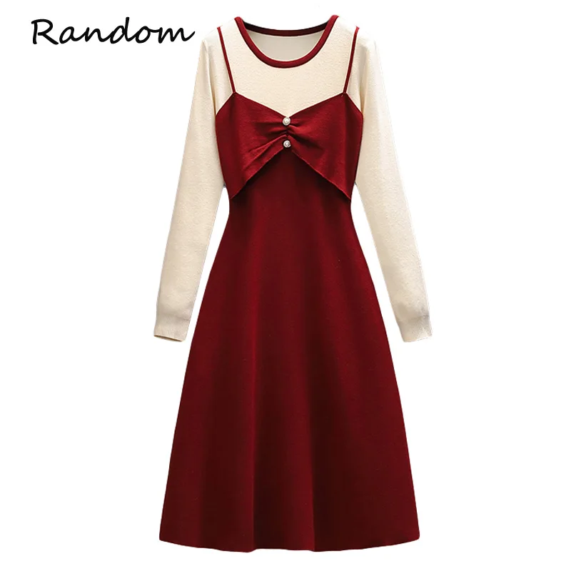 

2021 Winter Plus Size S-4XL Women Fake Two Piece Knitted Dress Long Sleeve Pearl Buttons Red Dresses Y2K Fshion Street Clothing