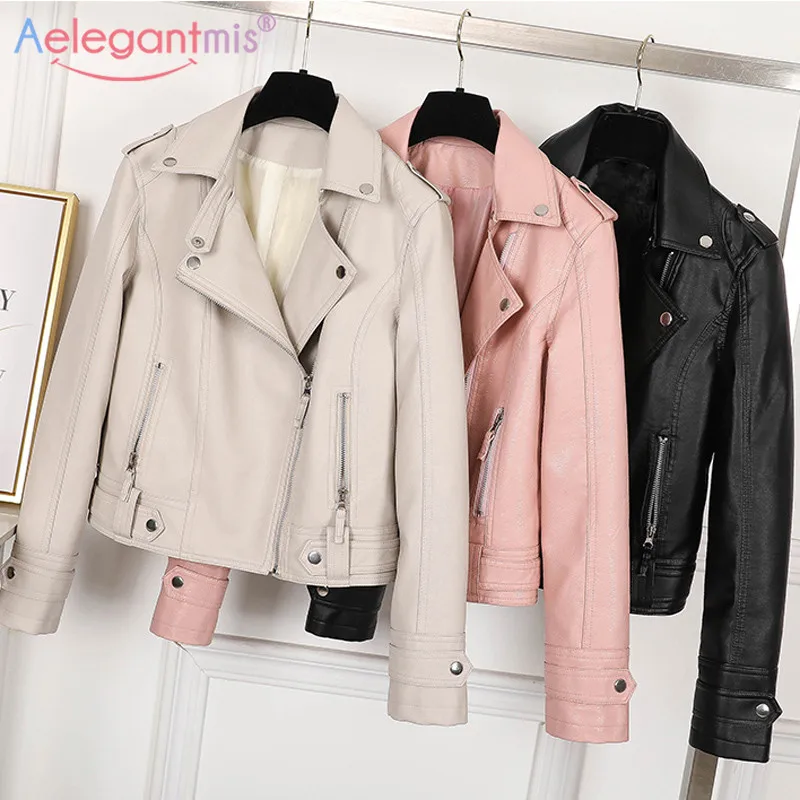 

Aelegantmis Fashion Slim Women Faux Leather Jacket Casual Biker Motorcycle Jackets Female Punk Streetwear Spring Autumn Coat
