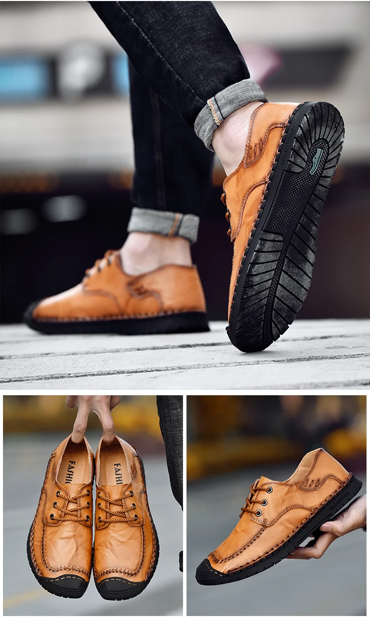 Hot Sale Leather Men Flats Shoes Hand Sewing Men Oxfords Zapatos Hombres Trendy Men Leather Lace Up Shoes High Quality Moccasins