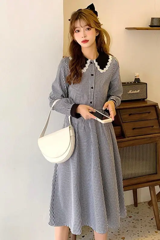 

Autumn Winter New Women Long Sleeve Dress Preppy Style Versatile Plaid A Line Dresses Button Peter Pan Collar Mid Length Dress
