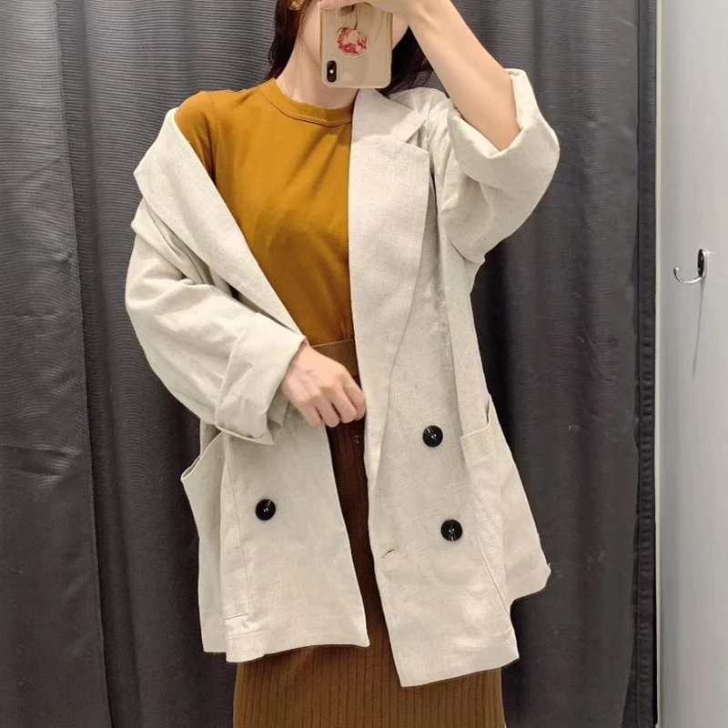 

Cotton And Linen Blazer Feminino 2019 Korean Single Button White/Black Blazer Women Loose Casual Thin Jacket For Autumn