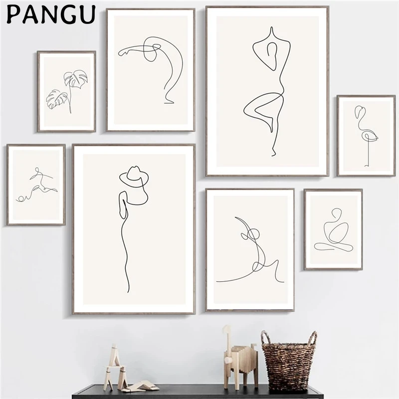 

Абстрактная однолинейная художественная фигурка на холсте, абстрактная Настенная картина, минималистичный современный плакат и печать, Де...