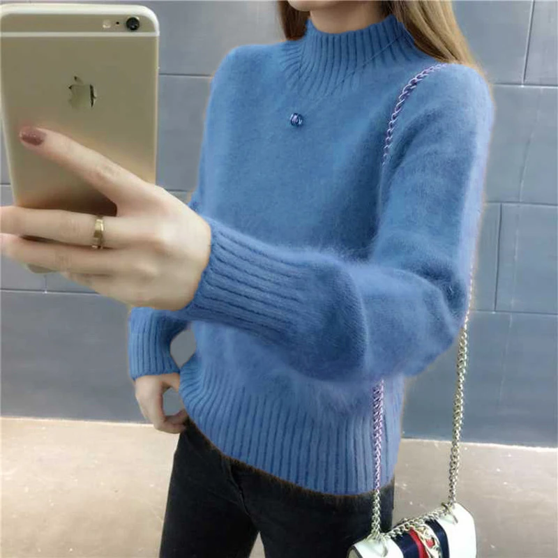 Женский Пушистый свитер кашемировый плотный пуловер однотонный свободный
