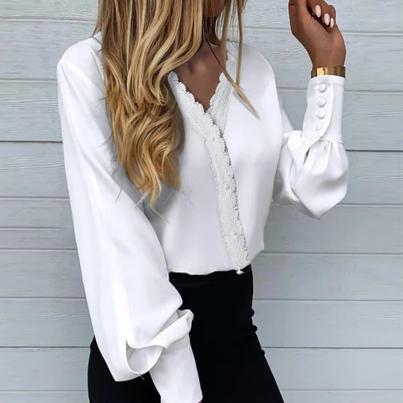 

New Women's Shirt Stitching Lantern Sleeve Long-Sleeved V Neck Fashion Shirt Office Tops Female Lace Patchwork Button Tee