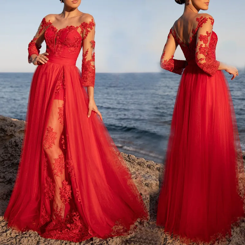 

BAZIIINGAAA Gorgeous Evening Dress 2022 New Card Shoulder Long Sleeve Lace Slit Tulle Perspective And Floor Dress Wedding Party