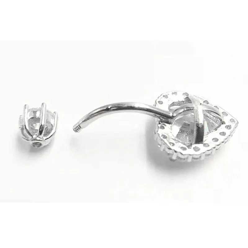 Женское кольцо на пупок из серебра 925 пробы с кристаллами в форме сердца
