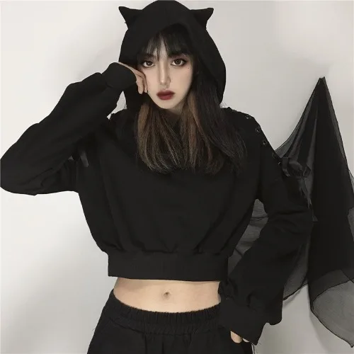 

New Autumn Winter Women Punk Gothic Girls Black Velvet Hoodies Hollow Out Long Sleeve Hooded Sweatshirt Casual Pullover