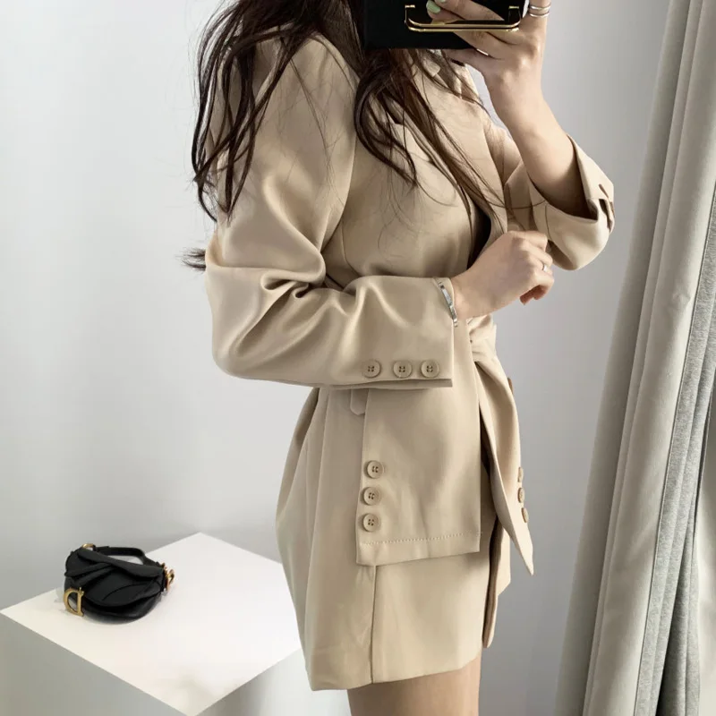 Женский блейзер с поясом Mozuleva Осеннее офисное платье-блейзер вырезом и уличная