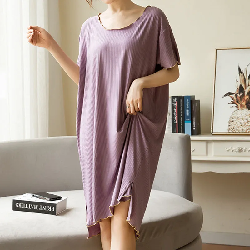 

Свободная Удобная ночная рубашка с круглым вырезом и коротким рукавом, женская тонкая летняя Хлопковая пижама, длинные платья с строчкой, о...