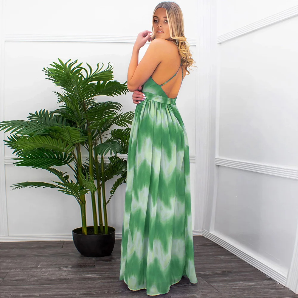 

Fashion Striped Printing Beach Dresses Sexy V-neck Low-cut Backless Sling Maxi Dress Summer Plus Size Women Clothes New Arrivals