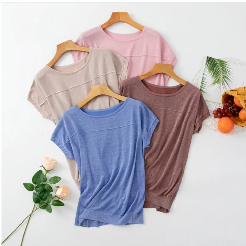 

Short sleeved top ladies loose thin bright silk T-shirt potc06