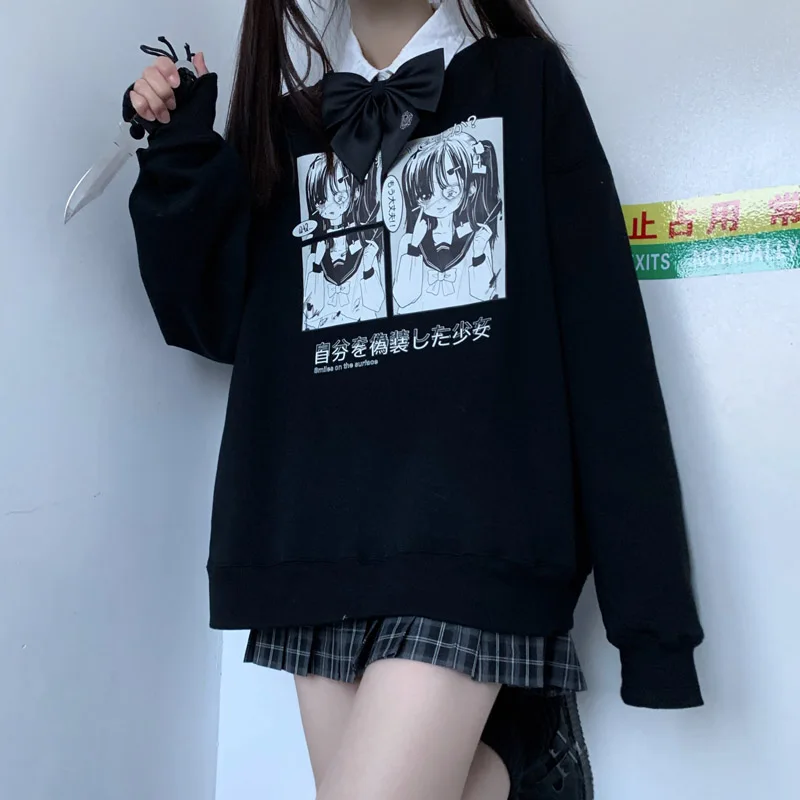 

Dark self-disguised Girl" Original Pattern Print Hooded Girl Japanese Autumn Winter Thicken loose Hoodies Female All-match Tops