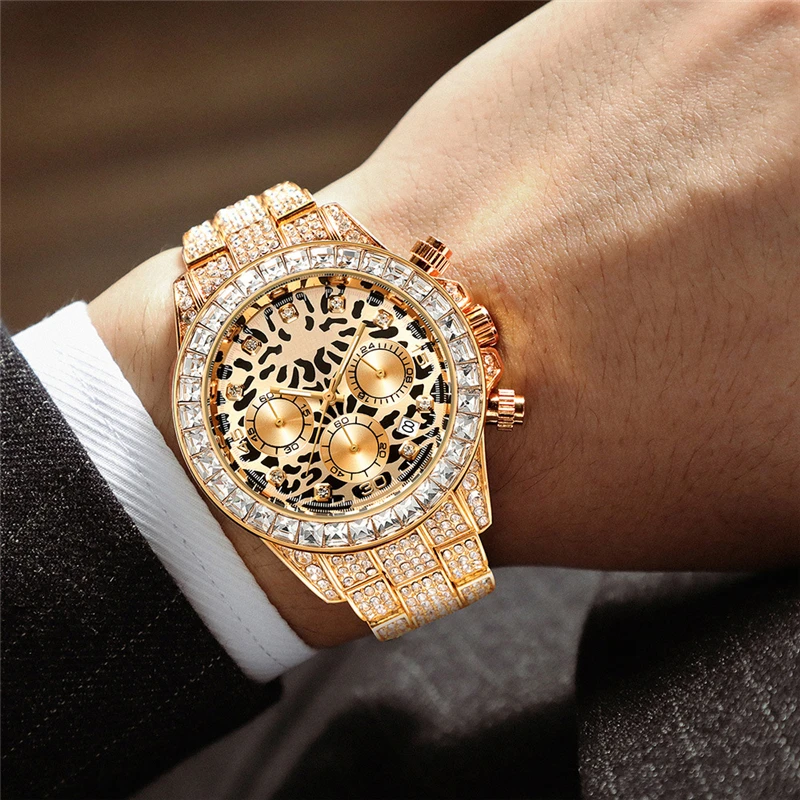 

Fashion Leopard MenS Watches Luxury Brand Iced Out Quartz Stainless Steel Fully Diamond Watch For Man Gold Chronograph Reloj