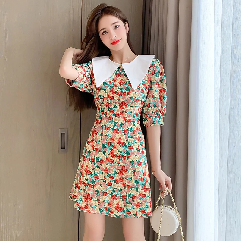 Фиолетовое Цветочное платье для женщин лето 2020 корейское Ретро французское с