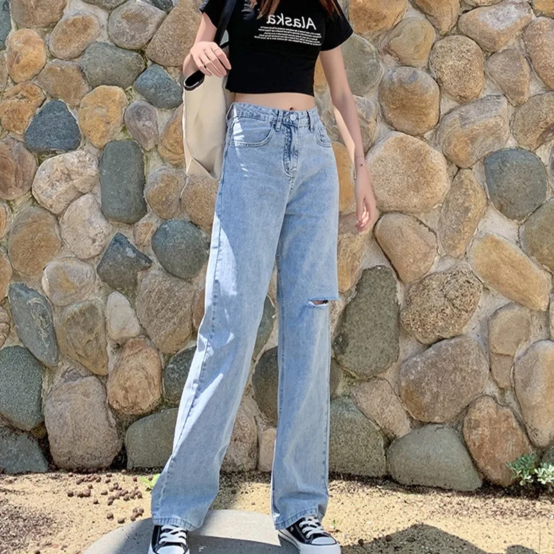 Женские прямые джинсы с высокой талией синие широкие в Корейском стиле