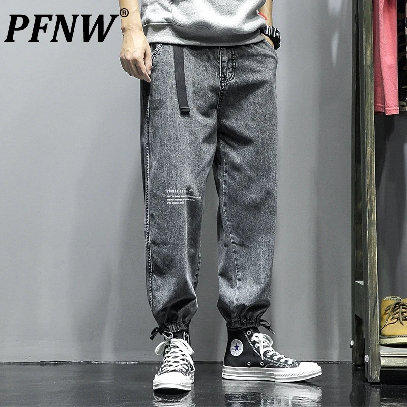 

PFNW High Street Ribbons Jeans Men's Autumn Trousers Pants Oversized Cowboy Teens Denim Clothes Gray Blue 2021 New Pants 12X0808