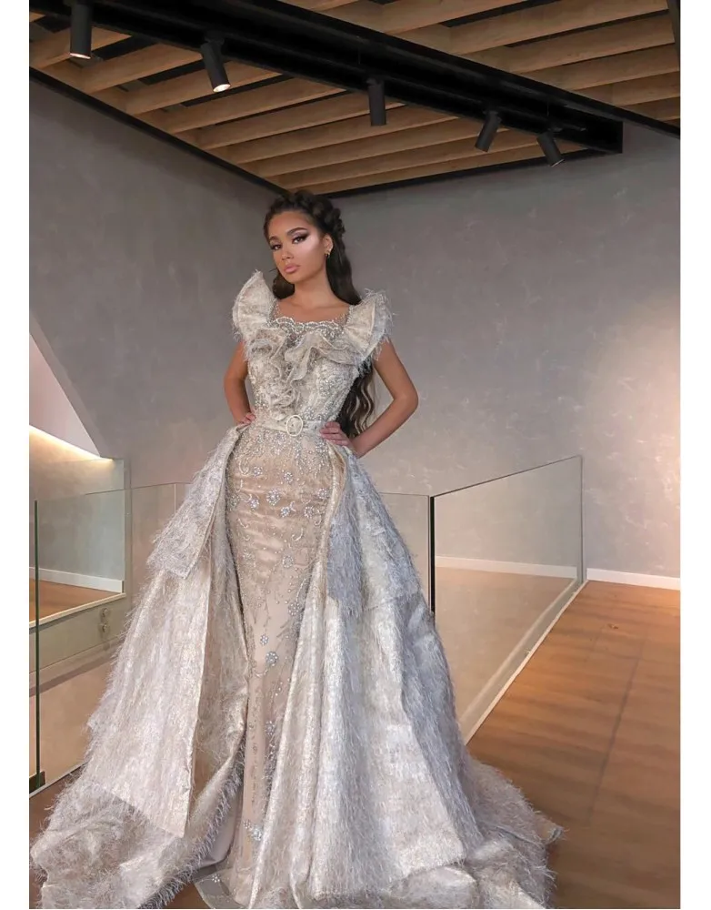 2020 Luxury Feather Mermaid Prom Dresses With Detachable Train Beaded Lace Applique Evening Gowns Robes
