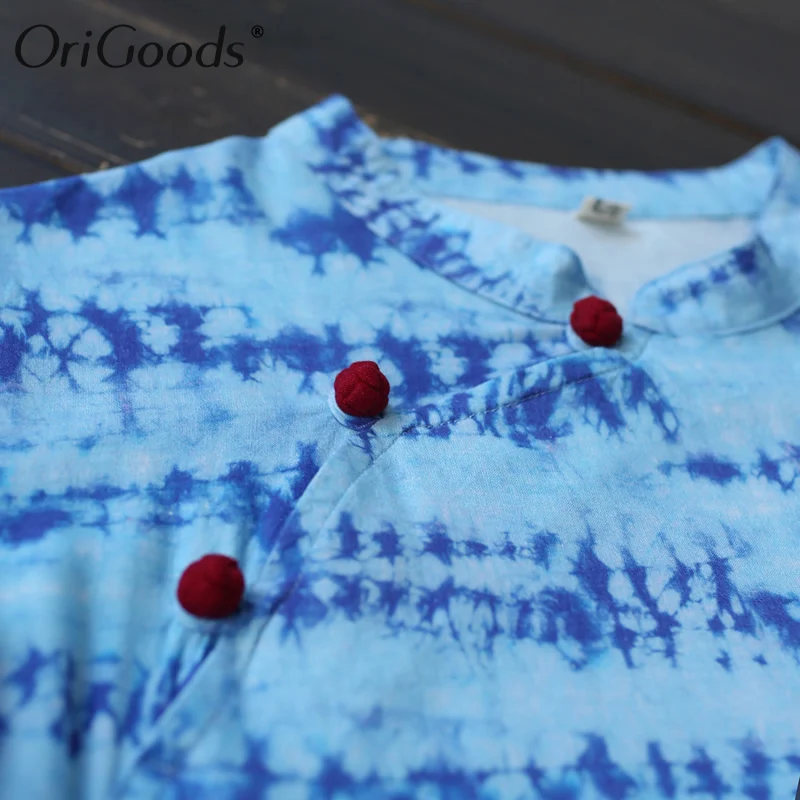 

OriGoods Women Summer Dress Cotton Linen Print Long Dress Chinese style Vintage Blue Printed Dress For Women Casual Robe A551