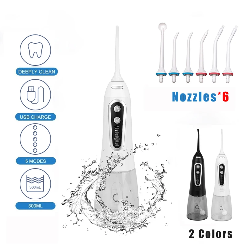 

Portable Oral Irrigator USB Rechargeable Irrigator Dental Teeth Cleaner 300ml Dental Water Flosser Jet 5 Modes with 6 Nozzles