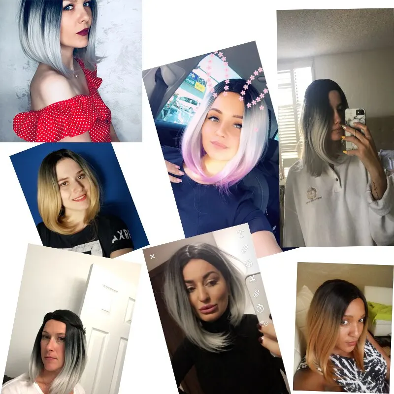 AliLeader Synthetic 14inch Short Bob Wig Green Wig Machine Made Heat Resistant Fiber Silky Straight Hairstyle Ombre Gray Afro