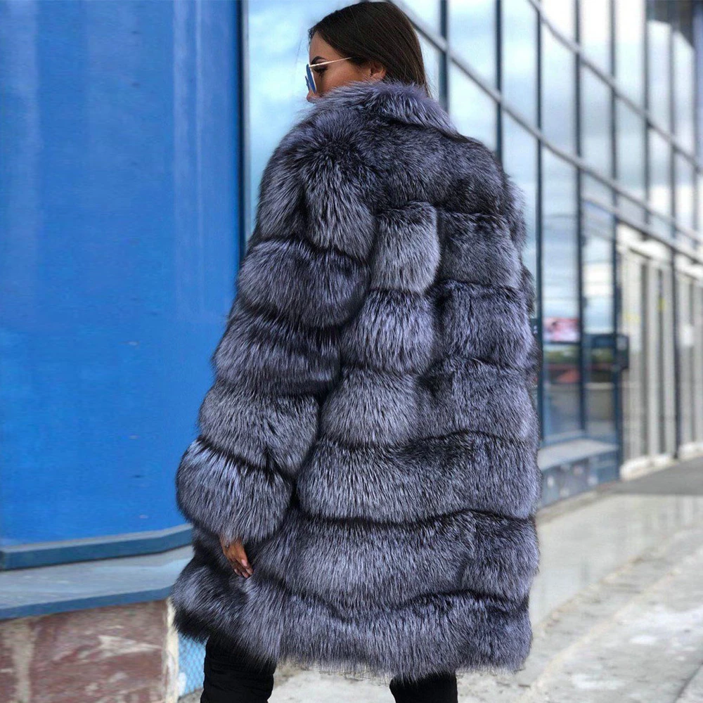 Fashion Long Silver Fox Fur Coat Natural Women High Quality Whole Skin Genuine Fox Fur Coat Stand Collar Warm Fur Overcoat 2022