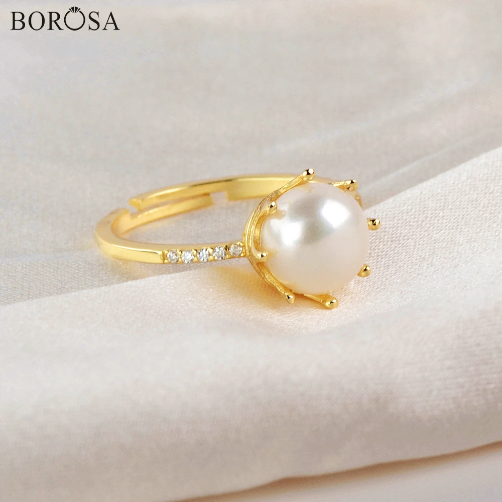 

BOROSA 92.5% Silver Color Rings Natural White Pearl Rings Crown Rings CZ Micro Paved Rings for Women Fashion Rings WX1378