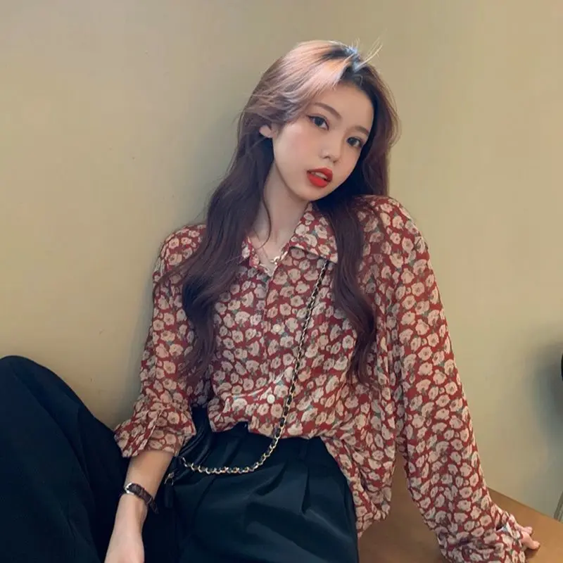 

2021 New Arrival Spring Autumn Women Loose Turn-down Collar Long Sleeve Blouse Floral Print Single Breasted Casual Shirts P171