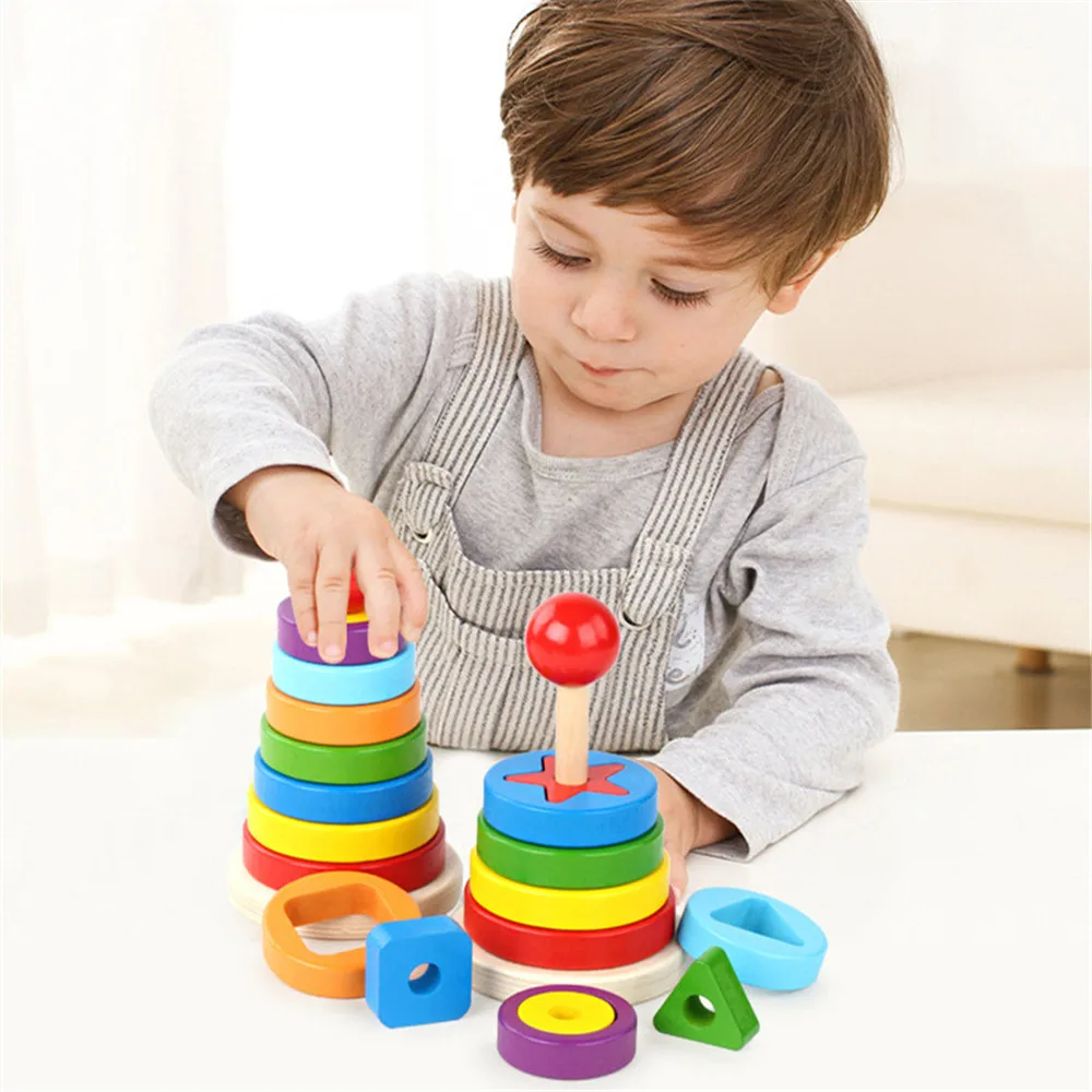Torre de madera Han&oacute;i para ni&ntilde;os, juguete de apilamiento de arco&iacute;ris, bloques a juego para Aprendizaje de beb&eacute;, educaci&oacute;n, Color de juguete cognitivo-0