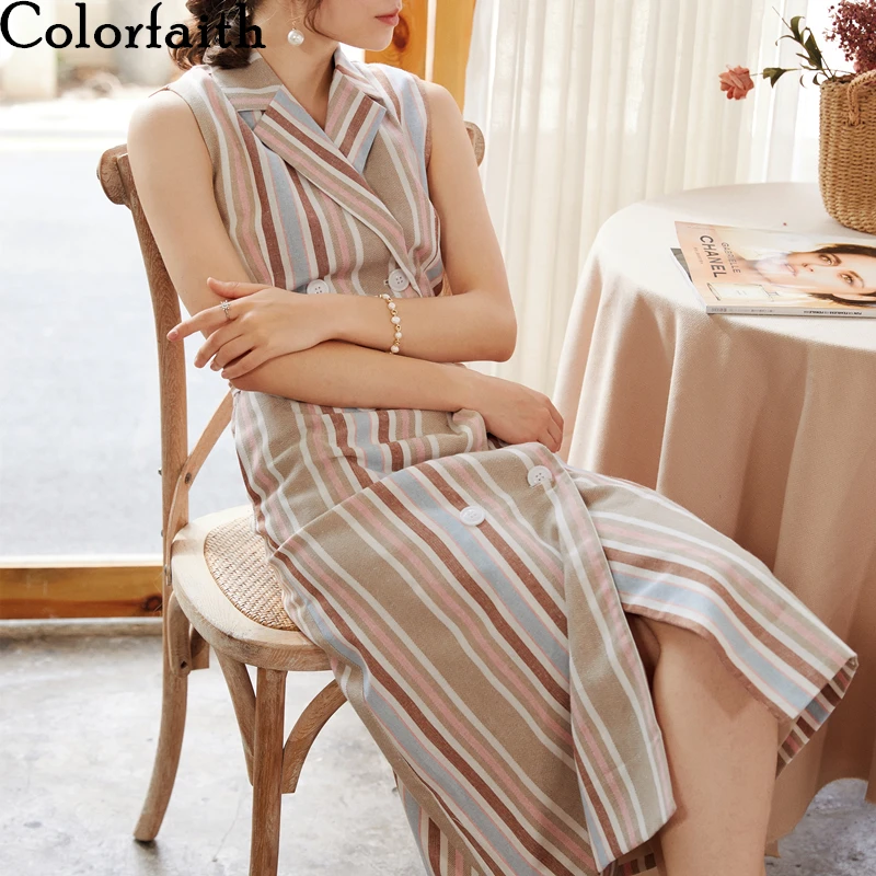 Платье Colorfaith женское длинное из хлопка и льна однобортное в полоску без рукавов с