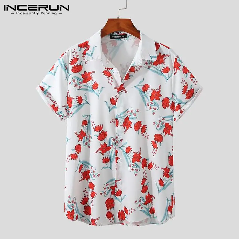 

Для мужчин рубашка с цветочным принтом с лацканами короткий рукав дышащая отдых Повседневное Гавайские рубашки 2021 уличная Camisas Hombre INCERUN 7