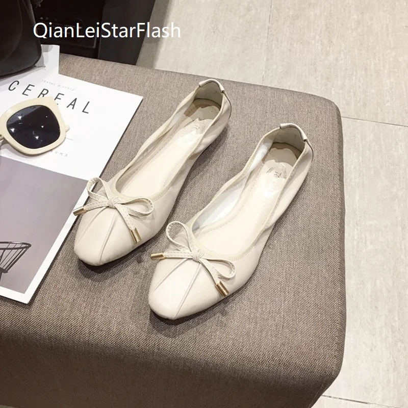 

Foldable Ballet Shoes Lady Flat Heel Shoes Bowknot Summer Spring Pu Leather Soft Sole Women Flats Nice Quality Comfortable Bow