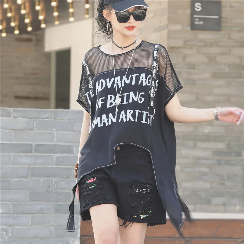 

SOUL OF TIGER European Luxury Style 2021 Ladies Casual Loose Tee Shirts Womens Vintage Mesh Tshirts Female Oversized Punk Tops