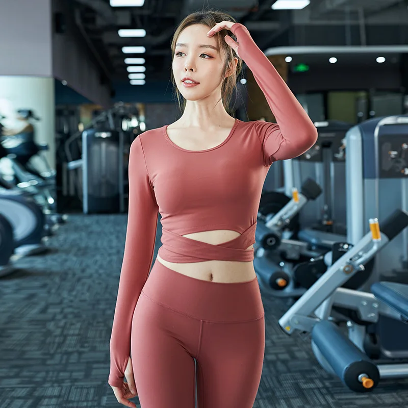 Новая одежда для йоги с длинным рукавом Сетка Красный Фитнес Йога Бег крест пупок