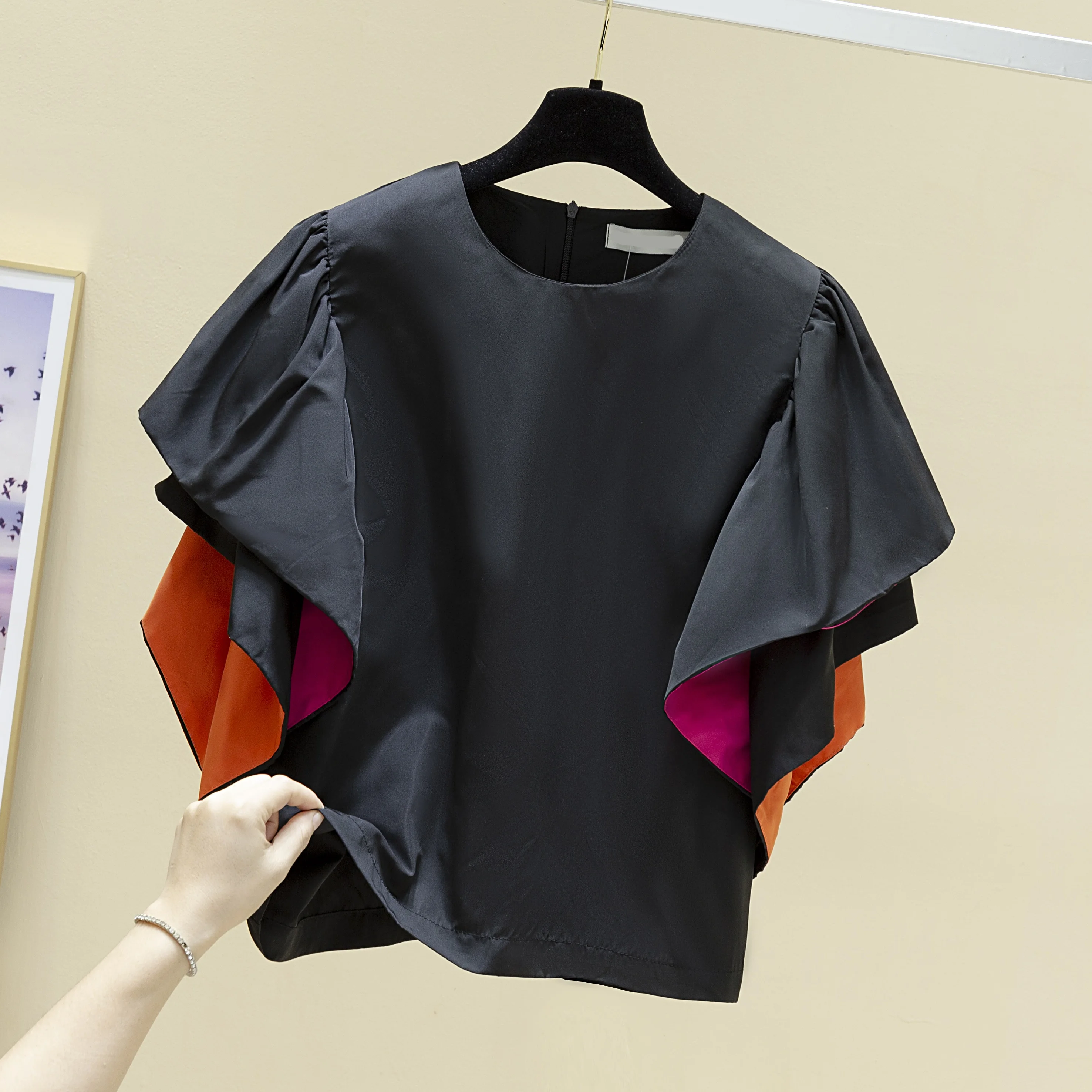 

Ruffled Short Sleeve T-shirt Female 2020 Spring and Summer New Korean Style Loose T-shirt Ladies Black T Shirt Tees Tops