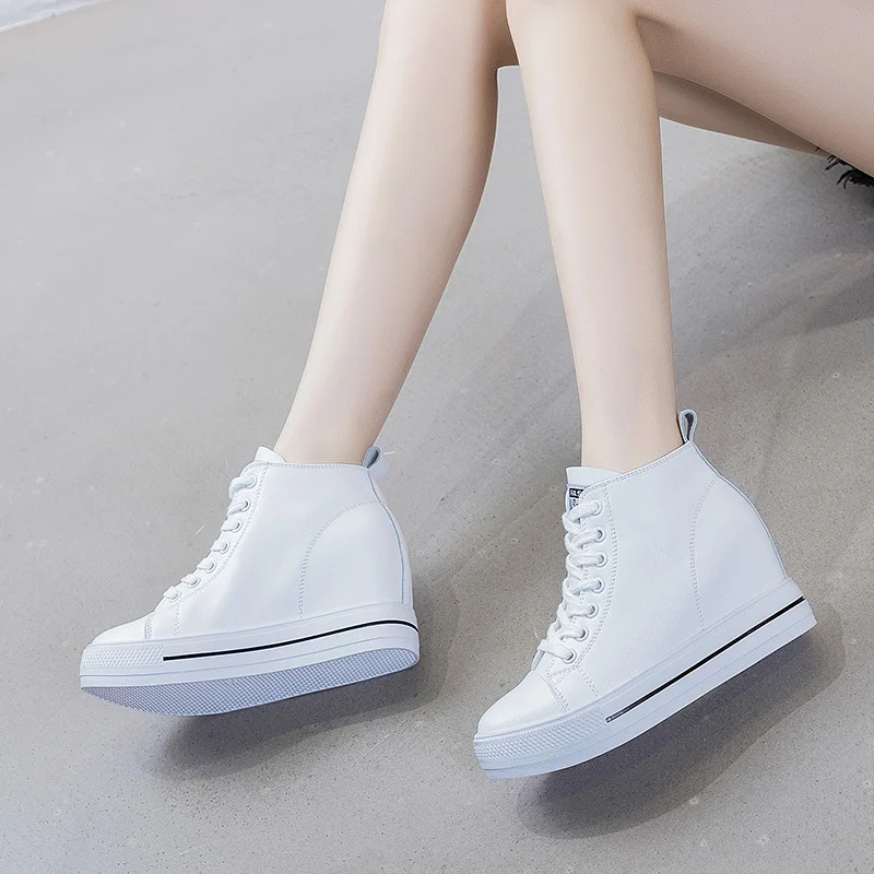 High Top Wedge Sneakers Real Leather Casual Shoes Lace Up Heels Casuales Black White Sneakers High Fashion Sport Shoes Pumps