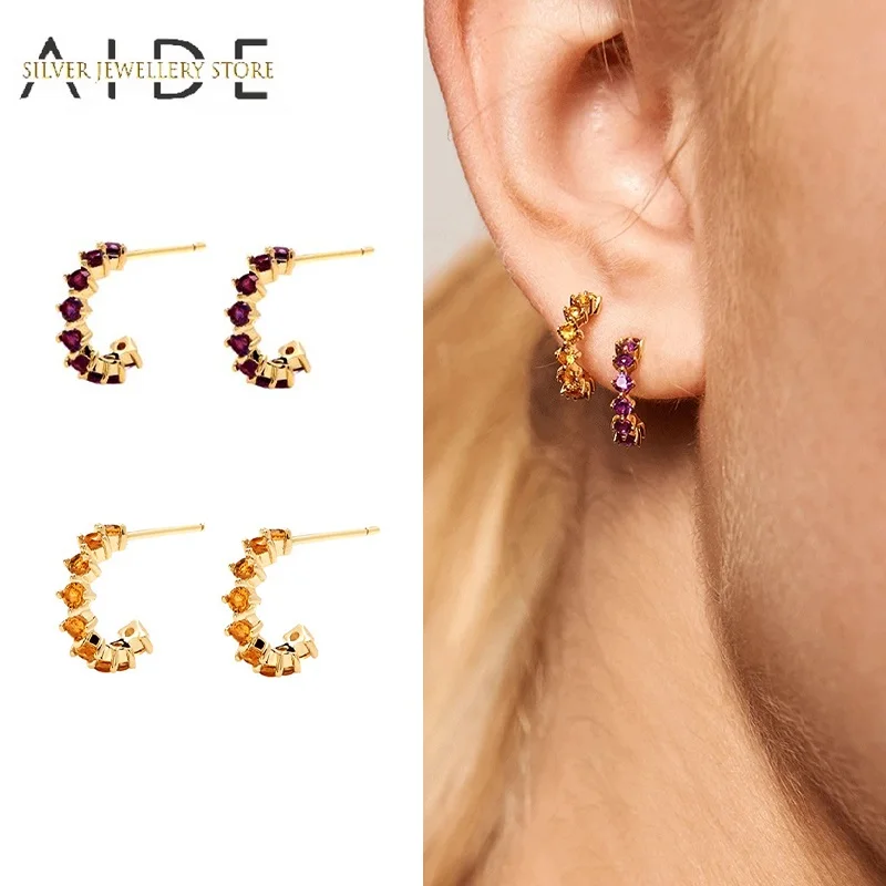 

AIDE 925 Sterling Silver C Shape Pendientes Stud Earrings For Women Trendy Colorful Zircon Piercing Earings Jewelry kolczyki