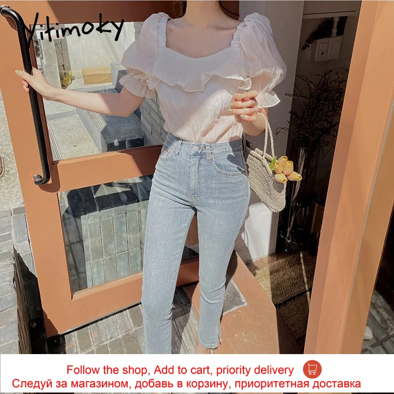 

Yitimoky Casual Women Shirts Square Collar Puff Sleeve Ruched Backless 2021 Summer Fashion Korean New Thin Simple Solid Shirt