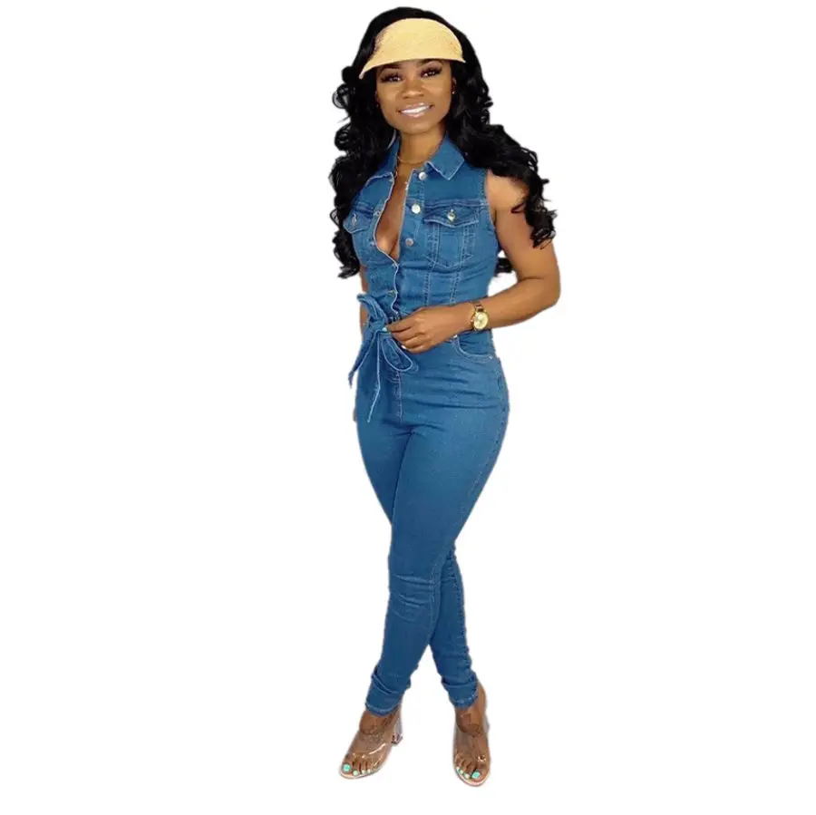 

Tmustobe Bodycon Bandage Denim Jumpsuit Women Sleeveless Fashion Casual Jeans Jumpsuit Female Botton Pencil Bodysuit